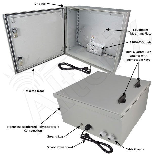 Altelix 16x16x8 NEMA 3X Fiberglass Weatherproof Enclosure with Equipment Mounting Plate & 120 VAC Outlets & Power Cord - Nema Supply