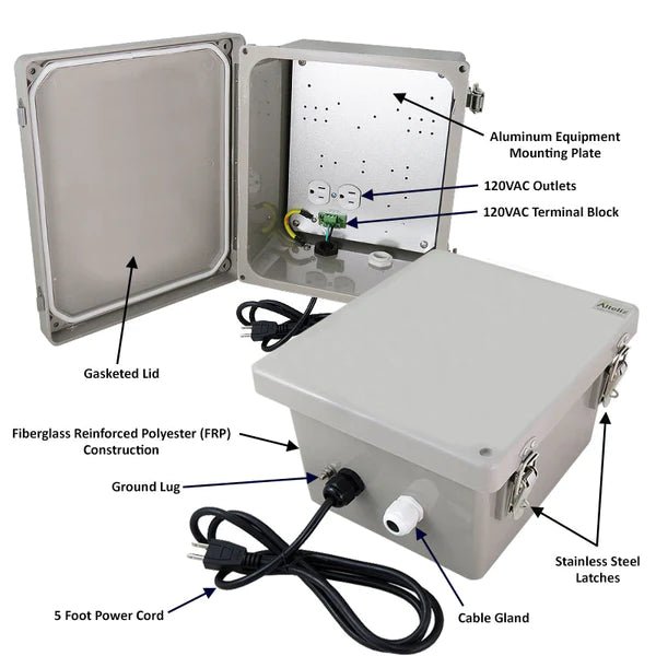 Altelix 10x8x6 Fiberglass Weatherproof NEMA 4X Enclosure with Aluminum Equipment Mounting Plate & 120 VAC Outlets & Power Cord - Nema Supply