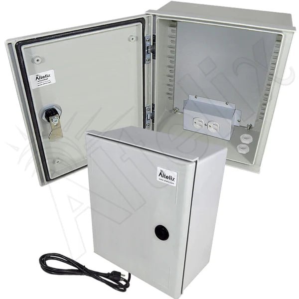 Altelix 12x10x6 NEMA 3X Fiberglass Weatherproof Enclosure with Equipment Mounting Plate, 120 VAC Outlets & Power Cord - Nema Supply