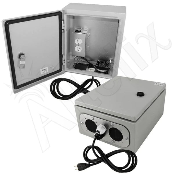 Altelix 12x10x6 Steel Weatherproof NEMA Enclosure with 120 VAC Outlets, Power Cord & 85°F Turn - On Cooling Fan - Nema Supply
