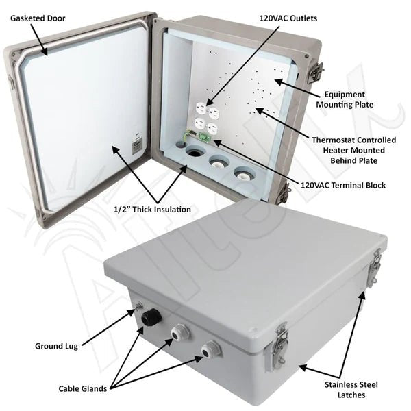 Altelix 14x12x6 Insulated NEMA 4X Fiberglass Weatherproof Heated Enclosure with 200W Heater and 120 VAC Outlets - Nema Supply
