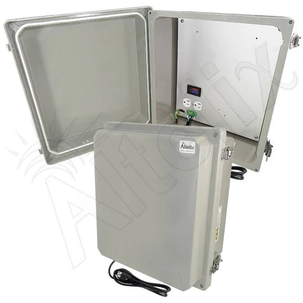 Altelix 14x12x8 Fiberglass Weatherproof Heated NEMA Enclosure with 120 VAC Outlets, Power Cord & 200W Heater with Digital Temperature Controller - Nema Supply