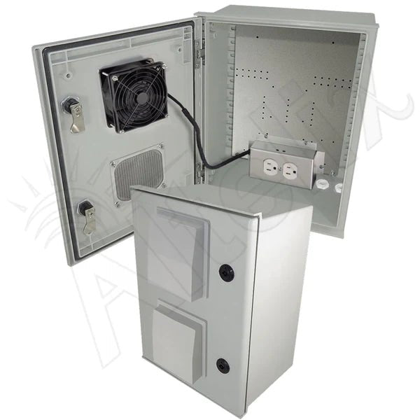 Altelix 16x12x8 Vented Fiberglass Weatherproof NEMA Enclosure with 120 VAC Outlets, Power Cord and 85°F Turn - On Cooling Fan - Nema Supply