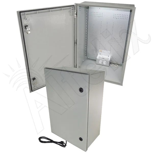 Altelix 24x16x9 NEMA 3X Fiberglass Weatherproof Enclosure with Equipment Mounting Plate & 120 VAC Outlets & Power Cord - Nema Supply
