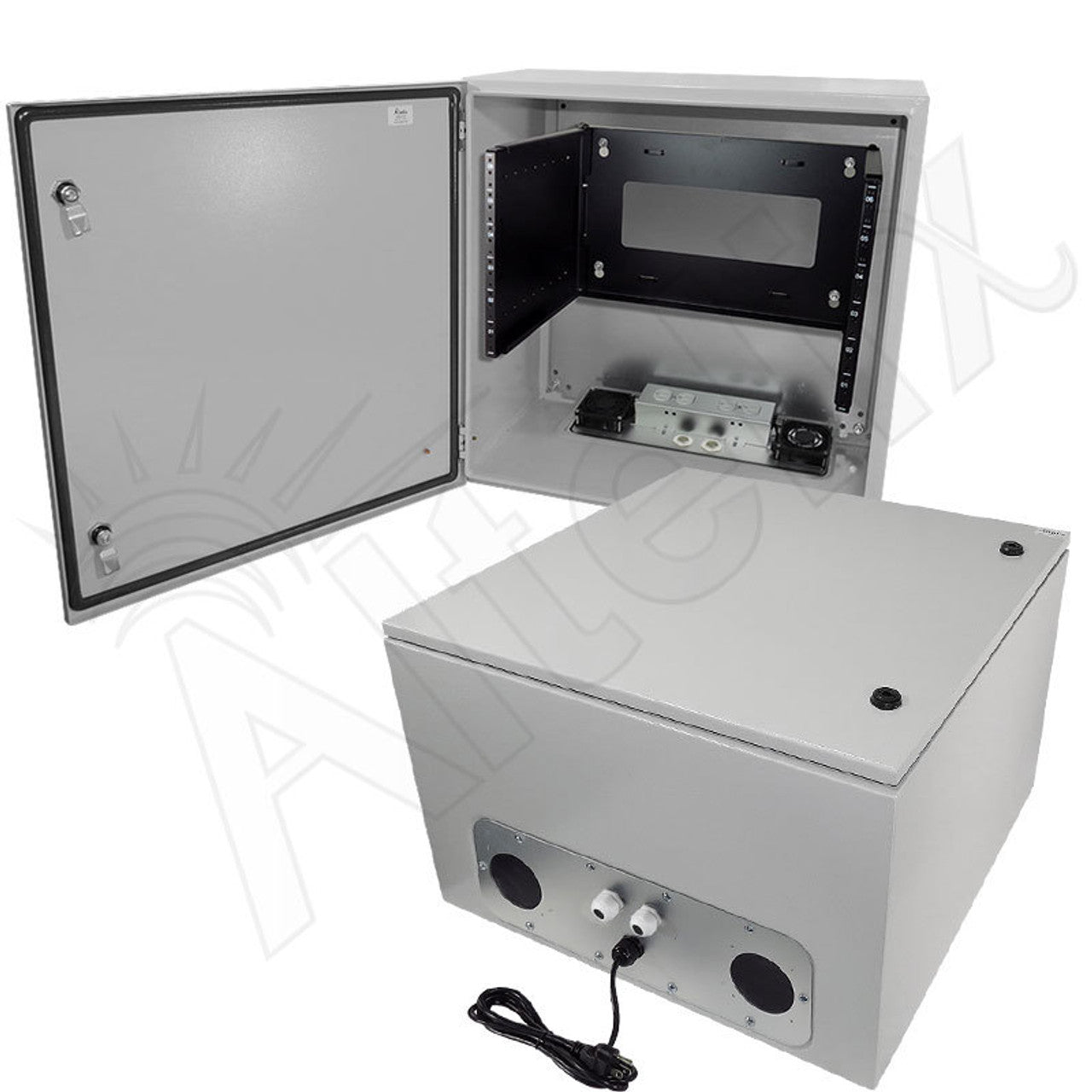 Altelix 24x24x16 19" Wide 6U Rack Steel Weatherproof NEMA Enclosure with Dual 120 VAC Duplex Outlets, Power Cord & 85°F Turn-On Cooling Fans