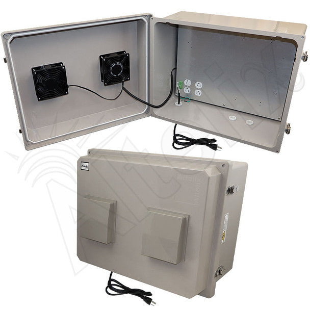 Altelix 16x20x12 Fiberglass Vented & Heated Weatherproof NEMA Enclosure with Dual Cooling Fans, 200W Heater, 120 VAC Outlets and Power Cord (Cooling Fan Thermostat - 85°F Turn-On)
