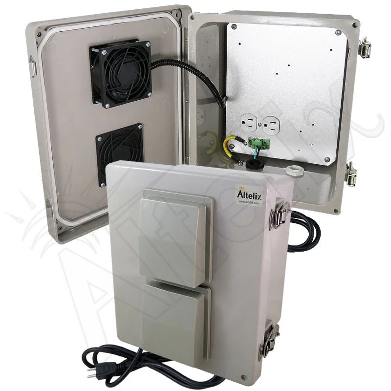 Altelix 10x8x6 Vented Fiberglass Weatherproof NEMA Enclosure with Cooling Fan, 120 VAC Outlets & Power Cord - Nema Supply