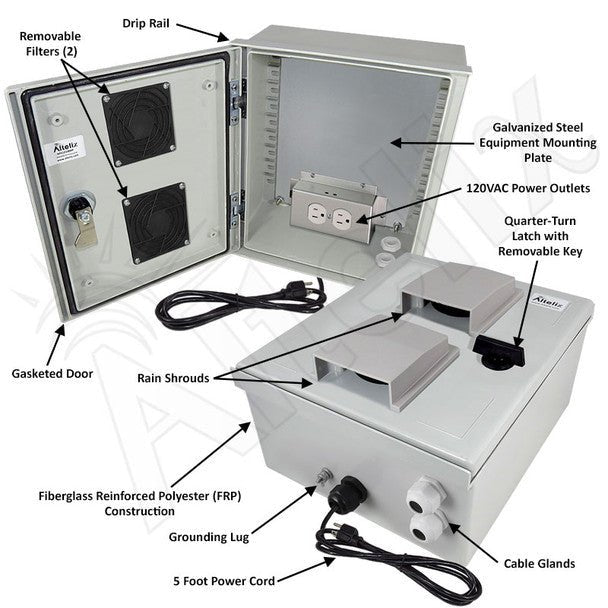 Altelix 12x10x6 Vented Fiberglass Weatherproof NEMA Enclosure with Equipment Mounting Plate, 120 VAC Outlets & Power Cord - Nema Supply