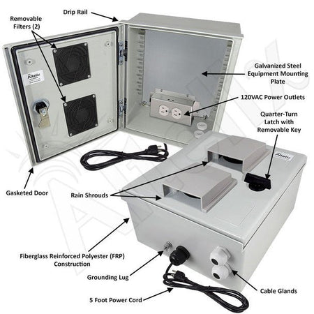 Altelix 12x10x6 Vented Fiberglass Weatherproof NEMA Enclosure with Equipment Mounting Plate, 120 VAC Outlets & Power Cord - Nema Supply