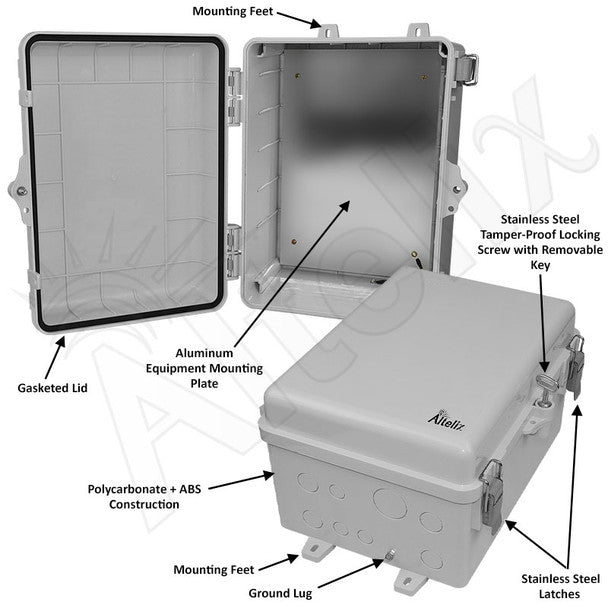 Altelix 12x9x7 IP66 NEMA 4X PC+ABS Weatherproof Utility Box with Hinged Door and Aluminum Mounting Plate - Nema Supply