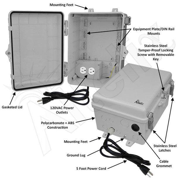 Altelix 12x9x7 NEMA 4X PC+ABS Weatherproof Utility Box NEMA Enclosure with Aluminum Mounting Plate, 120 VAC Outlet & Power Cord - Nema Supply