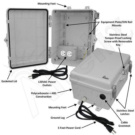 Altelix 12x9x7 NEMA 4X PC+ABS Weatherproof Utility Box NEMA Enclosure with Aluminum Mounting Plate, 120 VAC Outlet & Power Cord - Nema Supply