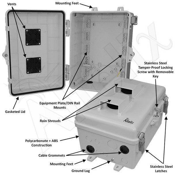 Altelix 12x9x7 PC+ABS Weatherproof Vented Utility Box NEMA Enclosure with Hinged Door - Nema Supply
