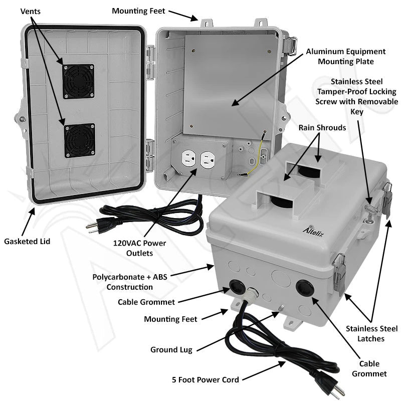 Altelix 12x9x7 Polycarbonate Vented Enclosure with Aluminum Equipment Mounting Plate & 120 VAC Outlets & Power Cord - Nema Supply
