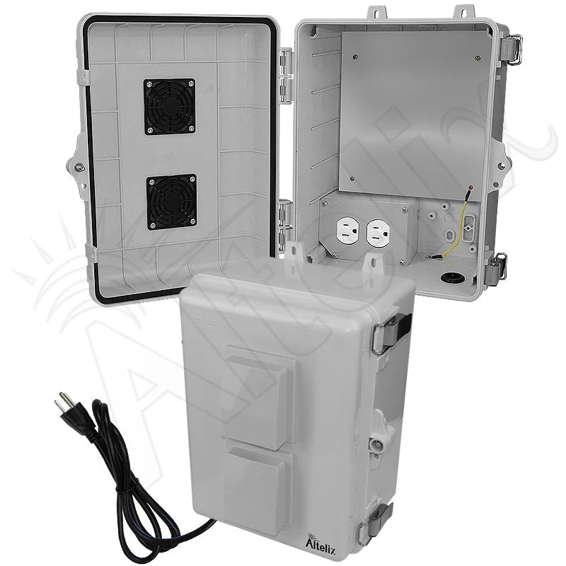 Altelix 12x9x7 Polycarbonate Vented Enclosure with Aluminum Equipment Mounting Plate & 120 VAC Outlets & Power Cord - Nema Supply