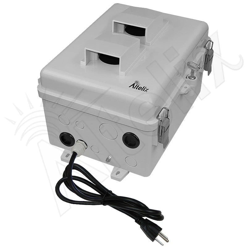 Altelix 12x9x7 Polycarbonate Vented Enclosure with Aluminum Equipment Mounting Plate & 120 VAC Outlets & Power Cord - Nema Supply