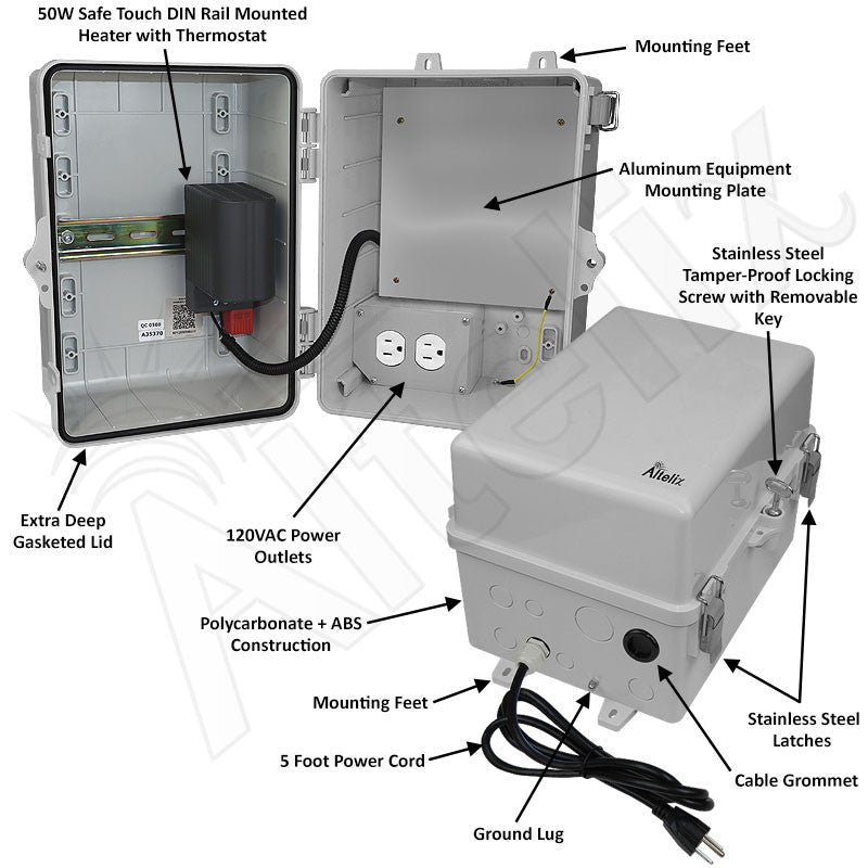 Altelix 12x9x9 NEMA 4X Polycarbonate Heated Enclosure with Aluminum Equipment Mounting Plate, 120 VAC Outlets, & Power Cord - Nema Supply