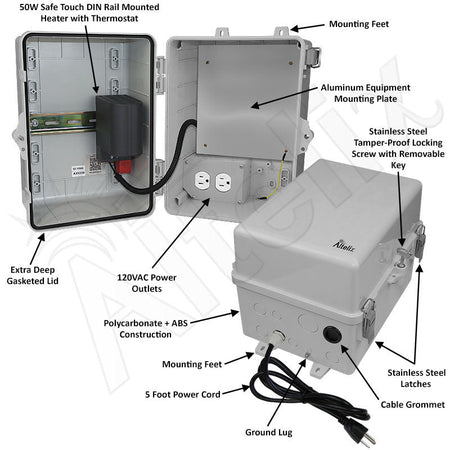 Altelix 12x9x9 NEMA 4X Polycarbonate Heated Enclosure with Aluminum Equipment Mounting Plate, 120 VAC Outlets, & Power Cord - Nema Supply
