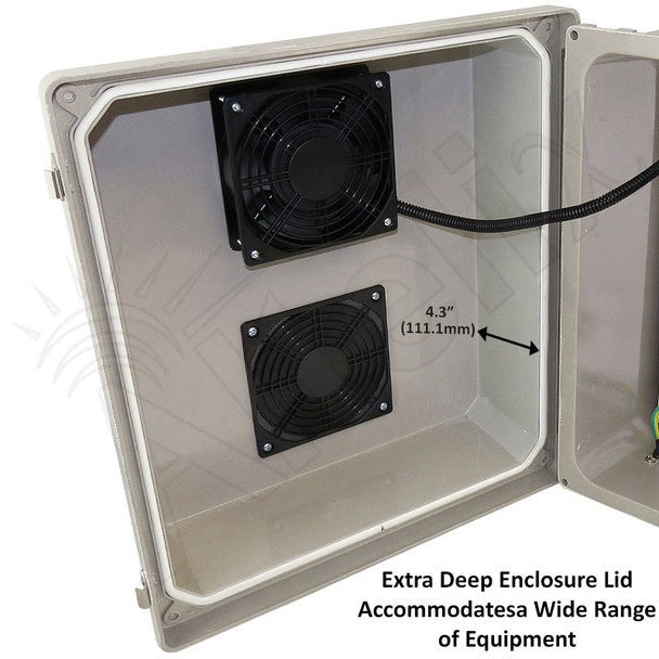 Altelix 14x12x10 Fiberglass Vented & Heated Weatherproof NEMA Enclosure with Cooling Fan, 200W Heater, 120 VAC Outlets & Power Cord - Nema Supply