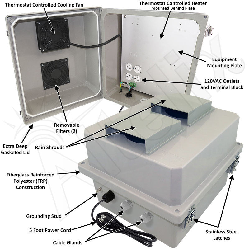 Altelix 14x12x10 Fiberglass Vented & Heated Weatherproof NEMA Enclosure with Cooling Fan, 200W Heater, 120 VAC Outlets & Power Cord - Nema Supply