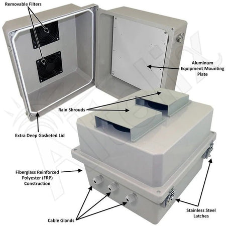 Altelix 14x12x10 Fiberglass Vented Weatherproof NEMA Enclosure with Blank Aluminum Mounting Plate - Nema Supply