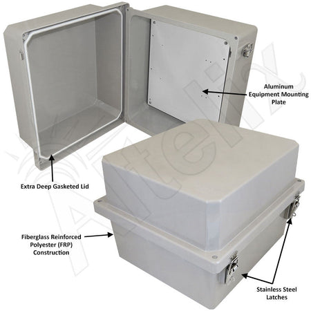 Altelix 14x12x10 Fiberglass Weatherproof NEMA 4X Enclosure with Blank Aluminum Mounting Plate - Nema Supply