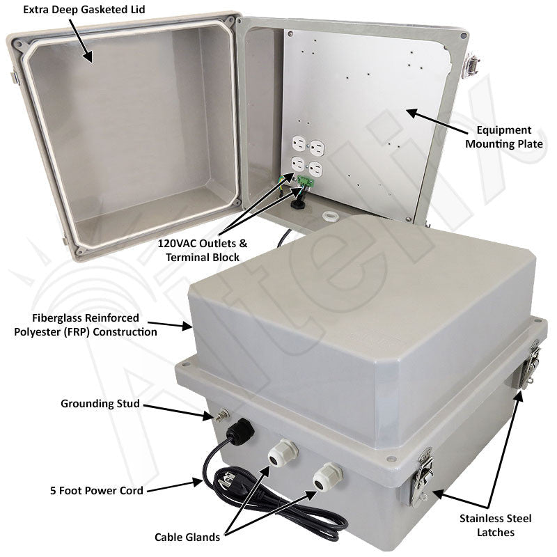 Altelix 14x12x10 Fiberglass Weatherproof NEMA Enclosure with Aluminum Mounting Plate, 120V Outlets & Power Cord - Nema Supply