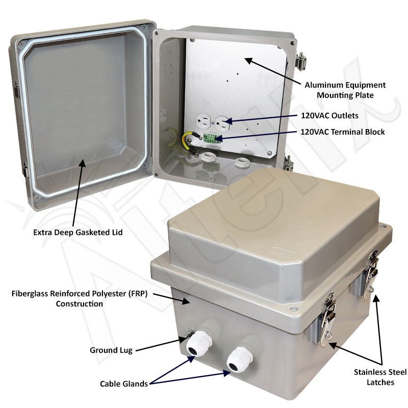 Altelix 14x12x10 Fiberglass Weatherproof NEMA Enclosure with Aluminum Mounting Plate and 120 VAC Outlets - Nema Supply