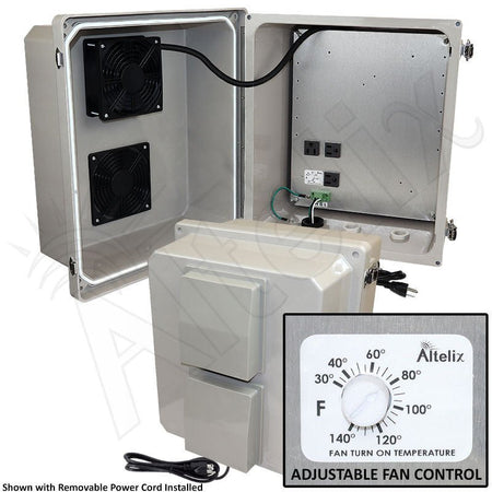 Altelix 14x12x10 Fiberglass Weatherproof Vented NEMA Enclosure with Adjustable Cooling Fan, 120 VAC Outlets & Power Cord - Nema Supply