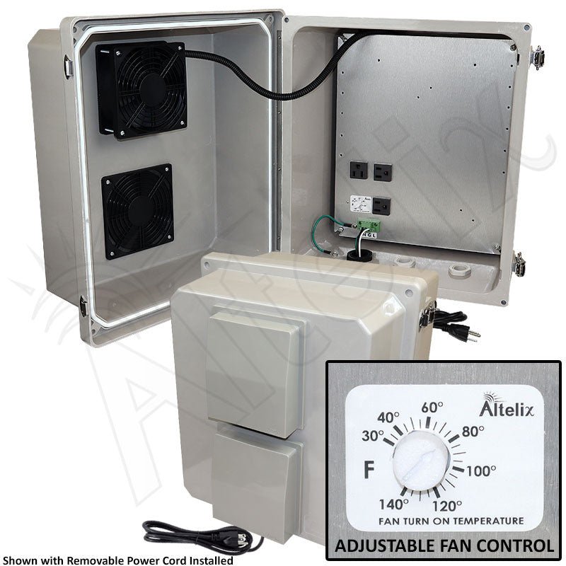 Altelix 14x12x10 Fiberglass Weatherproof Vented NEMA Enclosure with Adjustable Cooling Fan, 120 VAC Outlets & Power Cord - Nema Supply
