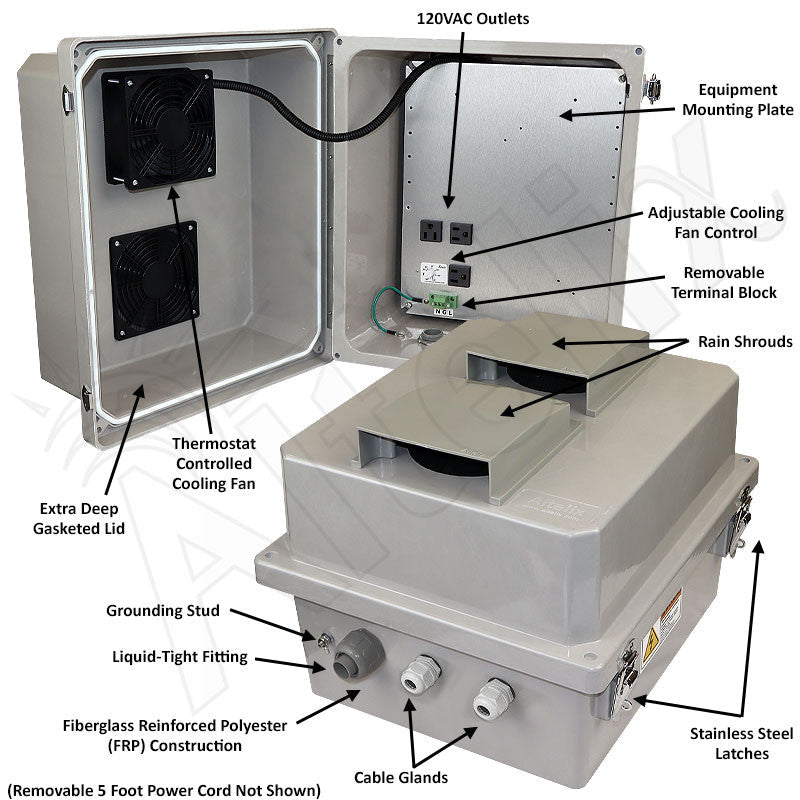 Altelix 14x12x10 Fiberglass Weatherproof Vented NEMA Enclosure with Cooling Fan and 120 VAC Outlets - Nema Supply