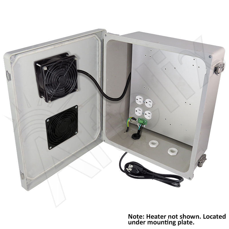 Altelix 14x12x6 Fiberglass Vented & Heated Weatherproof NEMA Enclosure with Cooling Fan, 200W Heater, 120 VAC Outlets & Power Cord - Nema Supply