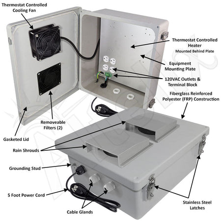 Altelix 14x12x6 Fiberglass Vented & Heated Weatherproof NEMA Enclosure with Cooling Fan, 200W Heater, 120 VAC Outlets & Power Cord - Nema Supply