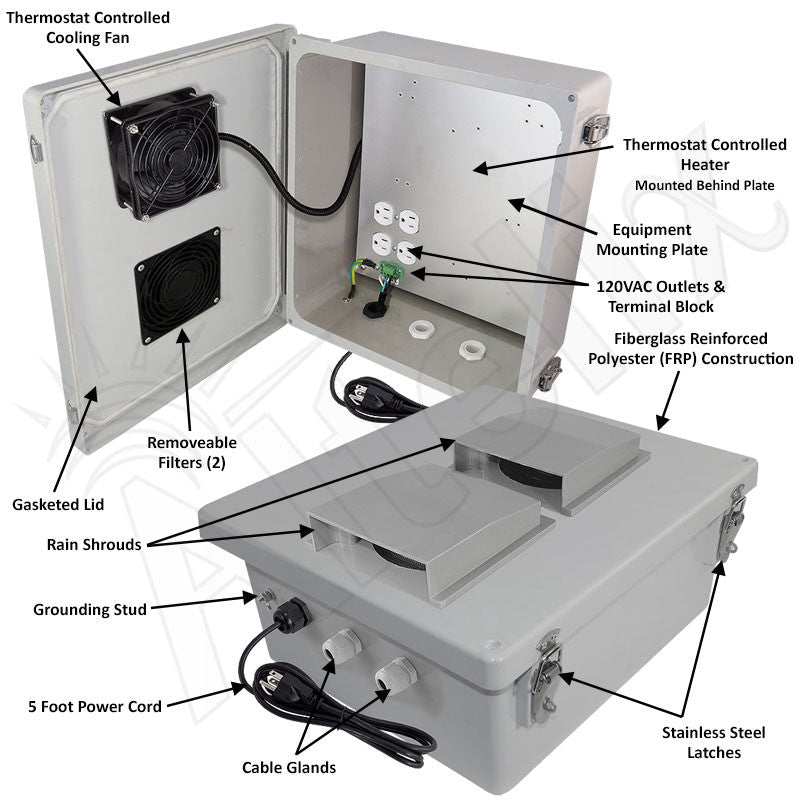 Altelix 14x12x6 Fiberglass Vented & Heated Weatherproof NEMA Enclosure with Cooling Fan, 200W Heater, 120 VAC Outlets & Power Cord - Nema Supply
