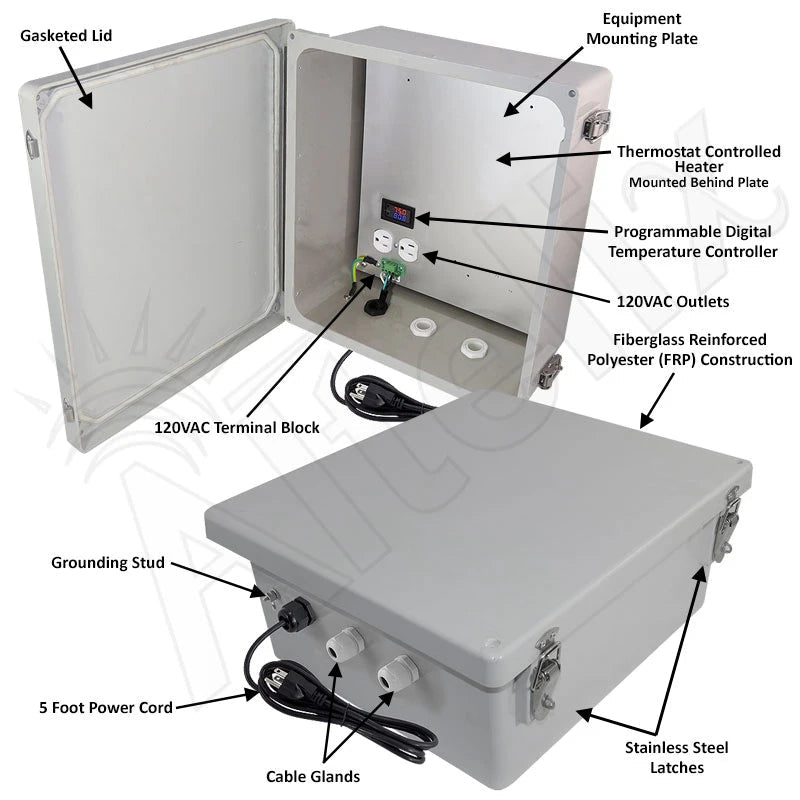 Altelix 14x12x6 Fiberglass Weatherproof Heated NEMA Enclosure with 120 VAC Outlets, Power Cord & 200W Heater with Digital Temperature Controller - Nema Supply