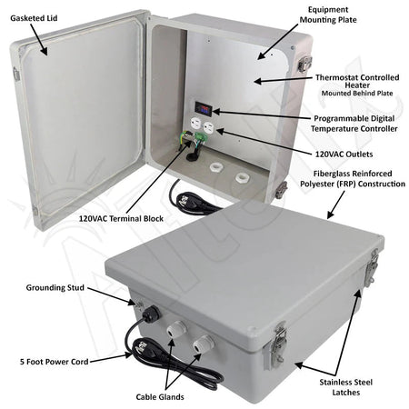Altelix 14x12x6 Fiberglass Weatherproof Heated NEMA Enclosure with 120 VAC Outlets, Power Cord & 200W Heater with Digital Temperature Controller - Nema Supply