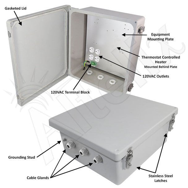 Altelix 14x12x6 Fiberglass Weatherproof Heated NEMA Enclosure with 200W Heater & 120 VAC Outlets - Nema Supply