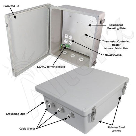 Altelix 14x12x6 Fiberglass Weatherproof Heated NEMA Enclosure with 200W Heater & 120 VAC Outlets - Nema Supply