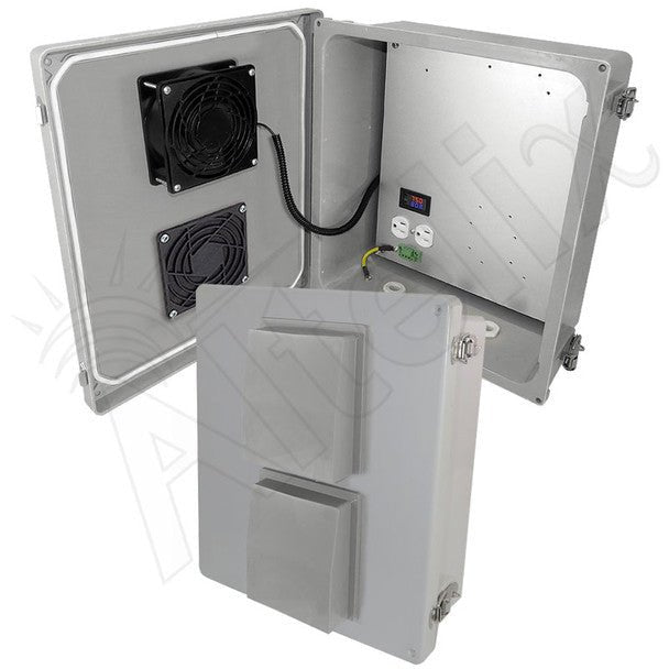 Altelix 14x12x6 Fiberglass Weatherproof Vented NEMA Enclosure with 120 VAC Outlets and Cooling Fan with Digital Temperature Controller - Nema Supply