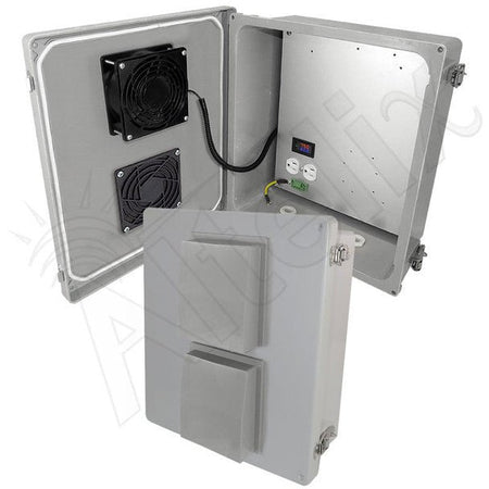 Altelix 14x12x6 Fiberglass Weatherproof Vented NEMA Enclosure with 120 VAC Outlets and Cooling Fan with Digital Temperature Controller - Nema Supply