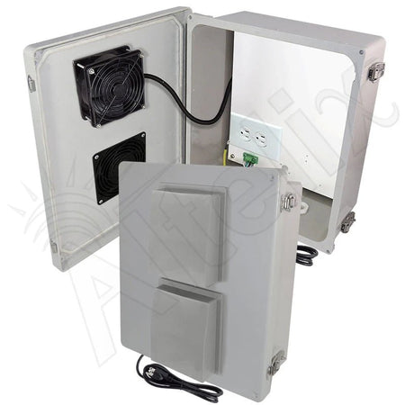 Altelix 14x12x6 Fiberglass Weatherproof Vented WiFi NEMA Enclosure with No - Drill PVC Equipment Mounting Plate, Cooling Fan, 120 VAC Outlets & Power Cord - Nema Supply