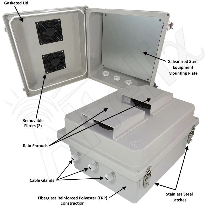 Altelix 14x12x8 Fiberglass Vented Weatherproof NEMA Enclosure with Blank Galvanized Steel Mounting Plate - Nema Supply