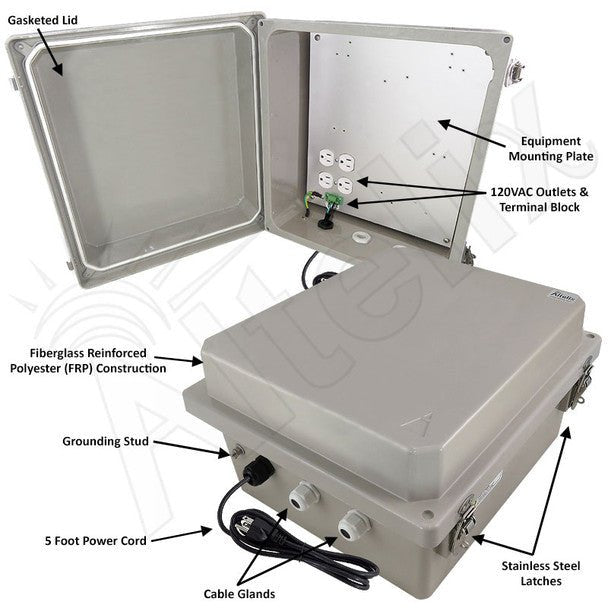 Altelix 14x12x8 Fiberglass Weatherproof NEMA Enclosure with Aluminum Mounting Plate, 120V Outlets & Power Cord - Nema Supply