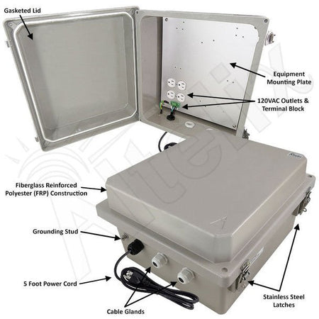 Altelix 14x12x8 Fiberglass Weatherproof NEMA Enclosure with Aluminum Mounting Plate, 120V Outlets & Power Cord - Nema Supply