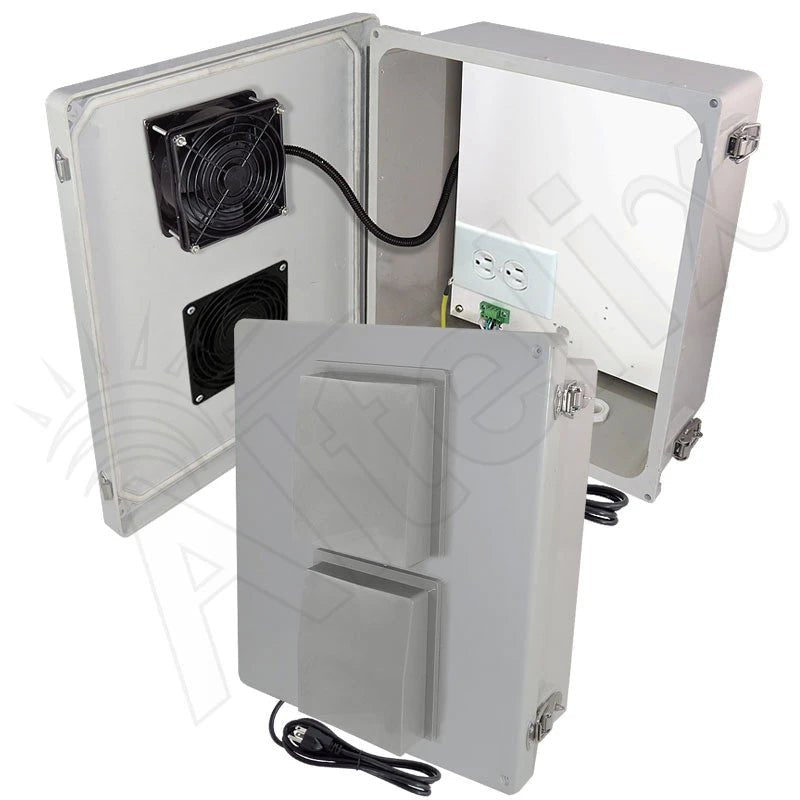 Altelix 14x12x8 Fiberglass Weatherproof Vented WiFi NEMA Enclosure with No - Drill PVC Equipment Mounting Plate, Cooling Fan, 120 VAC Outlets & Power Cord - Nema Supply