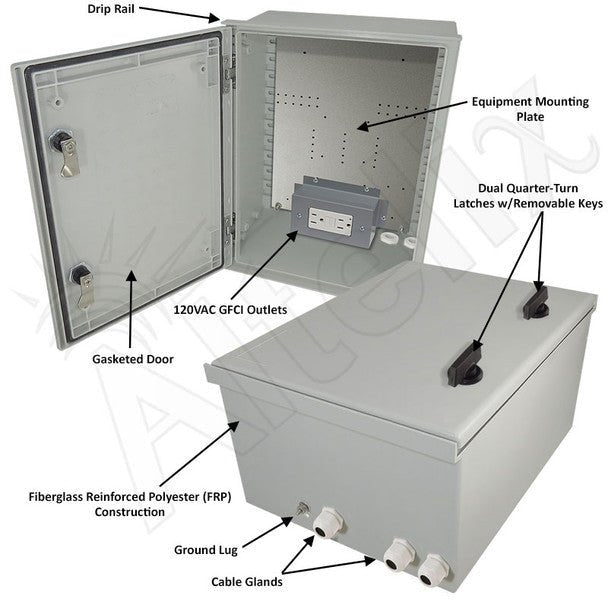 Altelix 16x12x8 NEMA 3X Fiberglass Weatherproof Enclosure with Equipment Mounting Plate & 120 VAC GFCI Outlets - Nema Supply
