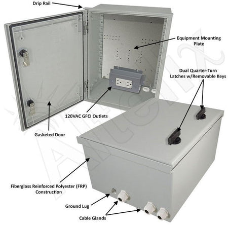 Altelix 16x12x8 NEMA 3X Fiberglass Weatherproof Enclosure with Equipment Mounting Plate & 120 VAC GFCI Outlets - Nema Supply