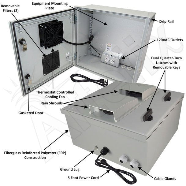 Altelix 16x16x8 Vented Fiberglass Weatherproof NEMA Enclosure with Cooling Fan and 120 VAC Outlets & Power Cord - Nema Supply