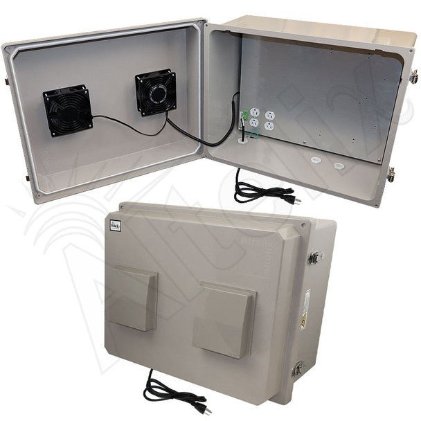 Altelix 16x20x12 Fiberglass Vented & Heated Weatherproof NEMA Enclosure with Dual Cooling Fans, 200W Heater, 120 VAC Outlets and Power Cord (Cooling Fan Thermostat - 85°F Turn - On) - Nema Supply