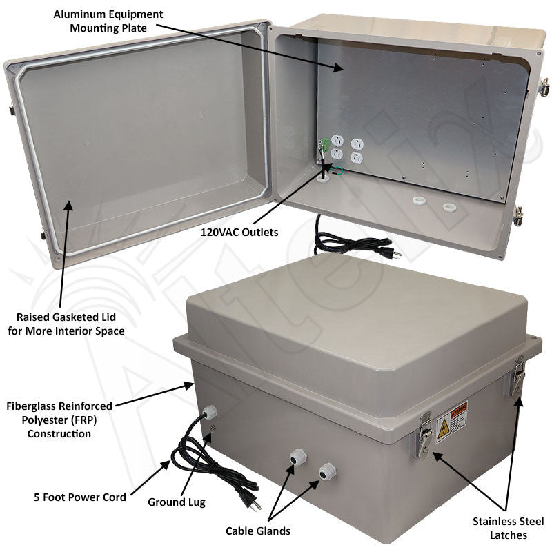 Altelix 16x20x12 Fiberglass Weatherproof NEMA Enclosure with Aluminum Mounting Plate, 120 VAC Outlets & Power Cord - Nema Supply